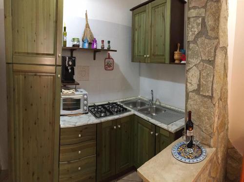 a kitchen with green cabinets and a sink and a microwave at Appartamenti Monacò in San Vito lo Capo