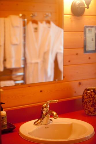 a bathroom with a sink and a mirror at Volcano Mist Cottage in Volcano