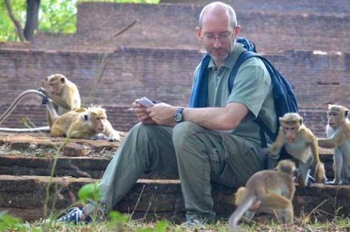 a man sitting on the steps with a group of monkeys at Lion Resort in Polonnaruwa
