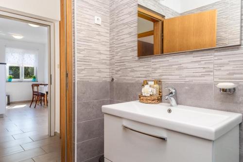 een badkamer met een wastafel en een spiegel bij Apartman Roza in Ičići