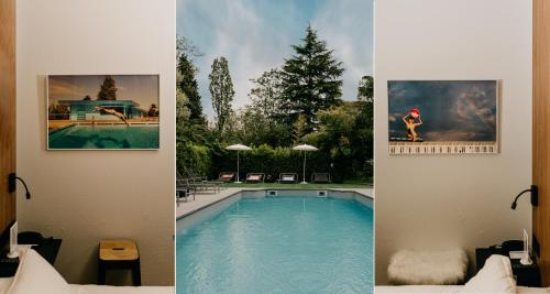three pictures of a swimming pool in a hotel room at Best Western Bridge Hotel Lyon East in Jons