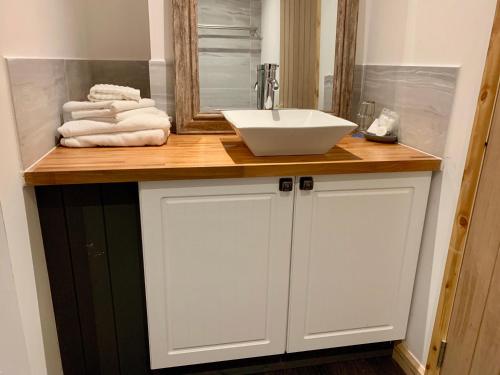 a bathroom counter with a sink and a mirror at TheWaterfrontLodges in Coventry