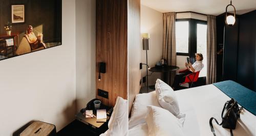 a hotel room with a bed and a woman sitting in a chair at Best Western Bridge Hotel Lyon East in Jons