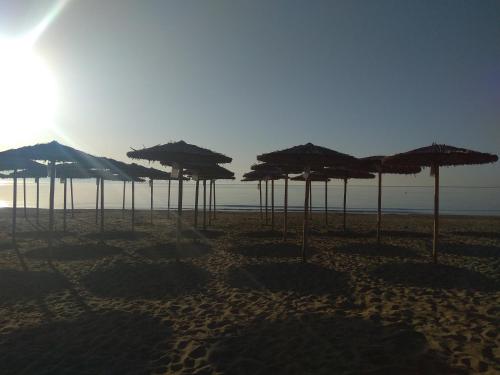 a group of umbrellas on a beach with the sun at DREAM & HARMONY in Artemida
