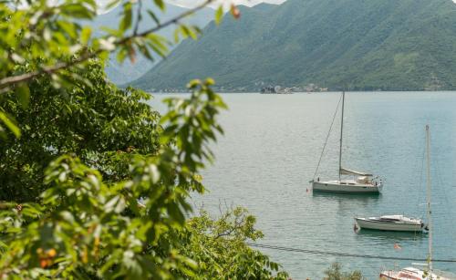 two boats in a large body of water with a mountain at Apartments Stella del Mare in Risan