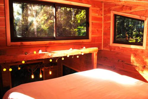 a bedroom with two windows and a bed in a cabin at Cabañas Bosque Milenario in Coñaripe