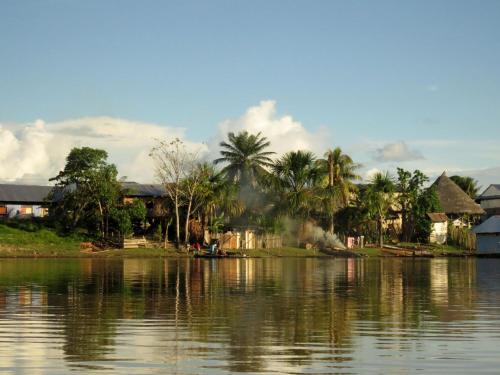 a body of water with houses and palm trees at Intillama Jungle Lodge EIRL in Paucarpata