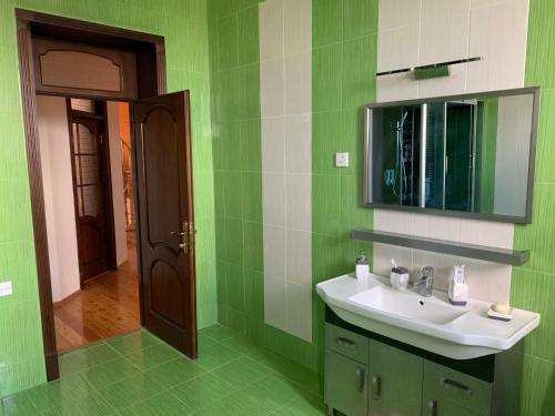 a green bathroom with a sink and a mirror at Luxury Villa with pool and waterfall in Bina