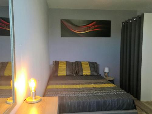 - une chambre avec un lit doté d'un miroir et d'une lampe dans l'établissement T2 Centre Ville Place Méditerranée, à Perpignan