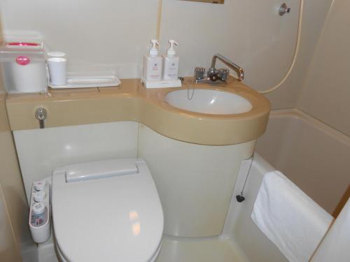 a small bathroom with a toilet and a sink at Niigata Terminal Hotel in Niigata