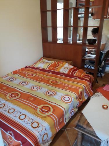 un lit dans une chambre avec une personne en arrière-plan dans l'établissement Apartment Milica, à Herceg-Novi