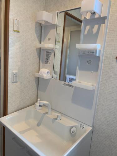 a bathroom with a sink and a mirror at Diamond Dust Furano in Furano