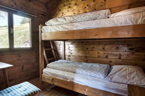 two bunk beds in a log cabin with a window at Herol - my mountain retreat in Luson