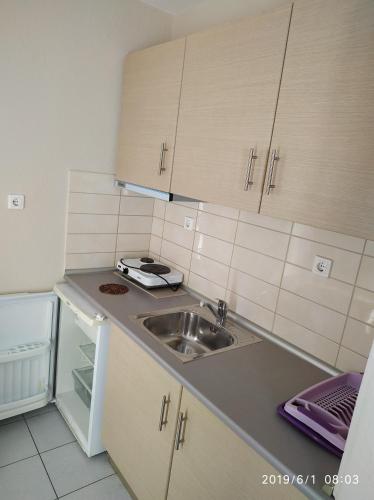uma pequena cozinha com um lavatório e um frigorífico em LAZAROS APARTMENTS em Olympiakí Aktí