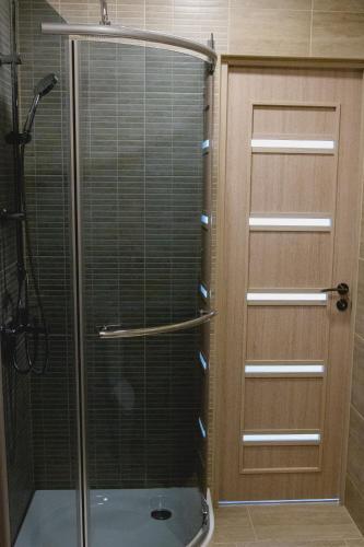 um chuveiro com uma porta de vidro na casa de banho em Apartments in Joniškis em Joniskis