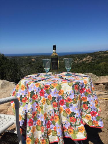 a table with a bottle of wine and two glasses at Stazzu Giasti Agriturismo in Aglientu