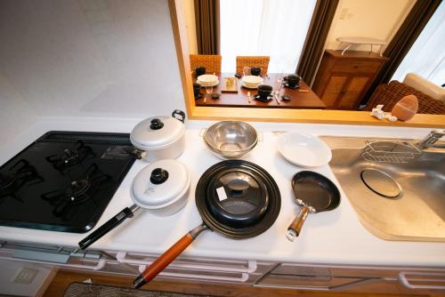 a kitchen counter with a stove and a sink at Pine House in ISHIGAKI in Ishigaki Island