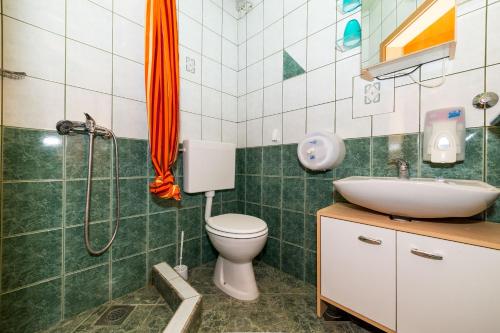 a bathroom with a shower and a toilet and a sink at Villa Gorica Apartments Ražanj in Ražanj