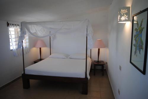 a bedroom with a bed with a canopy and two lamps at Villa Palissandre in Nosy Be
