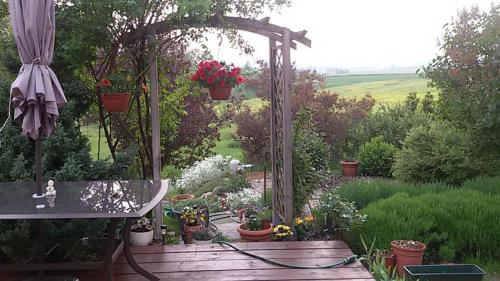 a garden with a wooden deck with flowers and an umbrella at Apasjonata in Świdnica