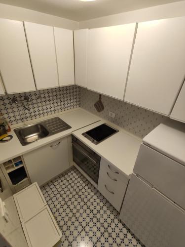 een kleine keuken met witte kasten en een spoelbak bij Caprihouse in Capri