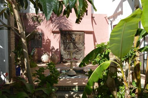 a pink house with a statue in front of it at RIAD OASIS D'ASILAH in Asilah