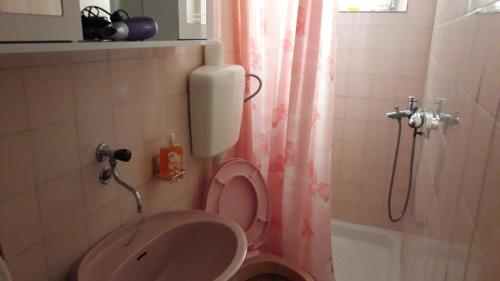 a bathroom with a pink toilet and a sink at Guesthouse Djacic in Budva