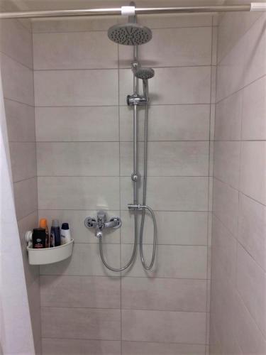 a shower with a shower head in a bathroom at Warm Studio in Sibiu