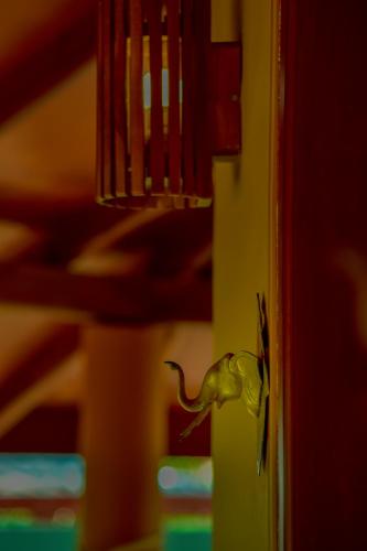 a toy elephant sticking its head out of a door at Richards Cabanas in Tissamaharama