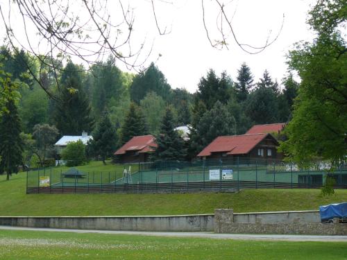 a park with a fence and a house and trees at Chaty u Loveckého zámečku in Buchlovice