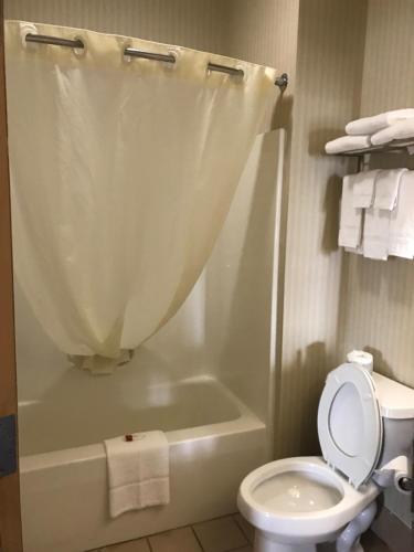 a bathroom with a toilet and a tub and a shower at Super 8 by Wyndham Harrisburg Hershey North in Harrisburg