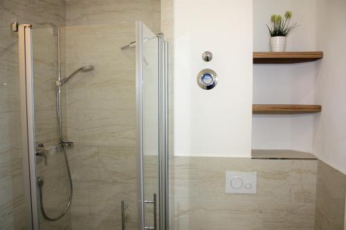a shower with a glass door in a bathroom at Appartement Altstadtblick im Ohlerich-Speicher in Wismar