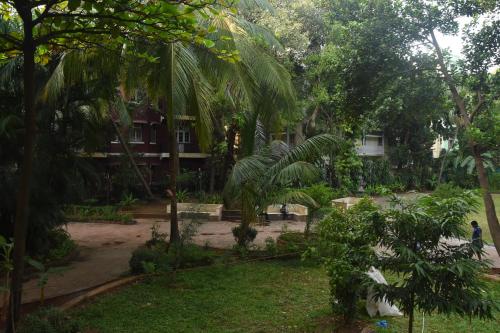 a garden with palm trees and a house in the background at Hotel Godwin - Colaba in Mumbai