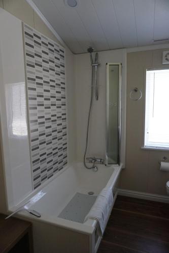 a bathroom with a shower and a bath tub at Lodge 77 in St Austell