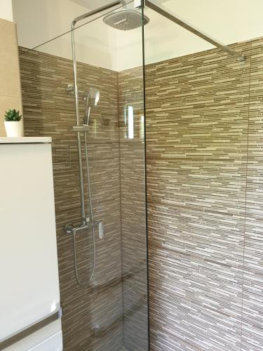 a shower with a glass door in a bathroom at Apartments Stella Apsyrtides in Osor