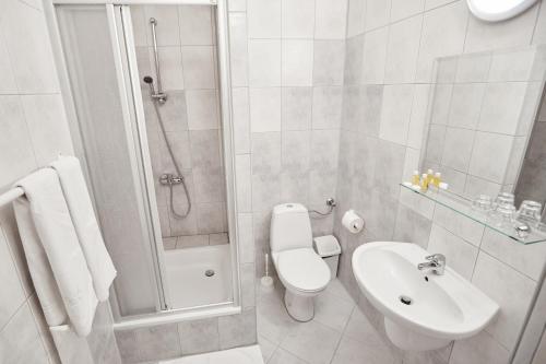 a bathroom with a shower and a toilet and a sink at Ośrodek wypoczynkowy Kozioł in Kolno