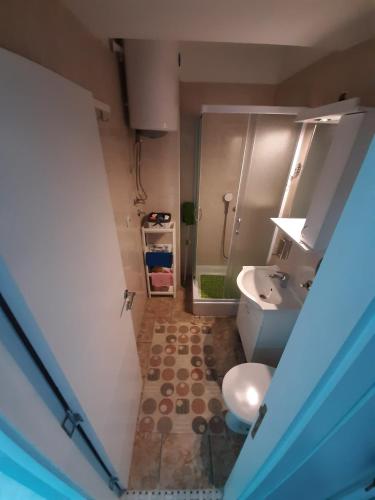 a bathroom with a white toilet and a sink at Victoria in Vračar (historical)