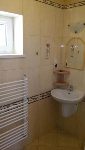 a bathroom with a sink and a mirror at Argo Domki in Darłowo