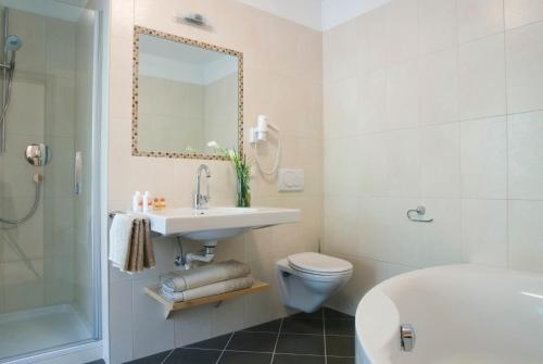 a bathroom with a sink and a toilet and a mirror at Naturhotel Rainer in Racines