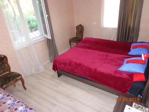 a bedroom with a red bed and a window at My home udabno in Udabno