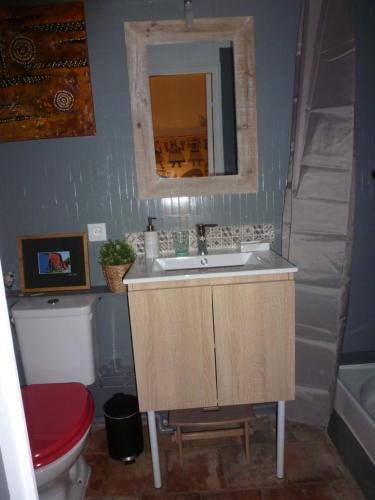 uma casa de banho com um lavatório, um WC e um espelho. em le rocher de Sampzon em Sampzon