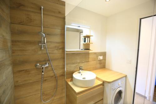 a bathroom with a sink and a shower at La station n° 5 in Annecy