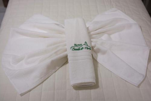 a white towel sitting on top of a bed at Hotel Encosta do Horto in Juazeiro do Norte