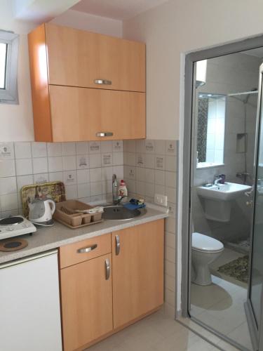 małą kuchnię ze zlewem i toaletą w obiekcie Apartment Sorelle w mieście Utjeha