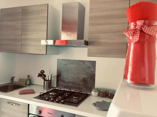 uma cozinha com um fogão e uma garrafa vermelha no frigorífico em Dimora del cuore em Tirano