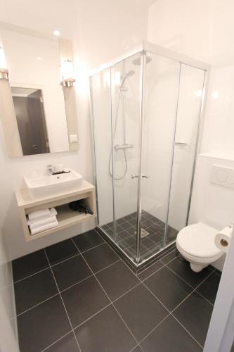 a bathroom with a shower and a sink and a toilet at Apple Inn Hotel in Amsterdam