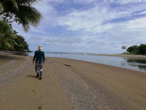 a person walking on a beach near the water at Garden of Heliconias Lodge in Drake