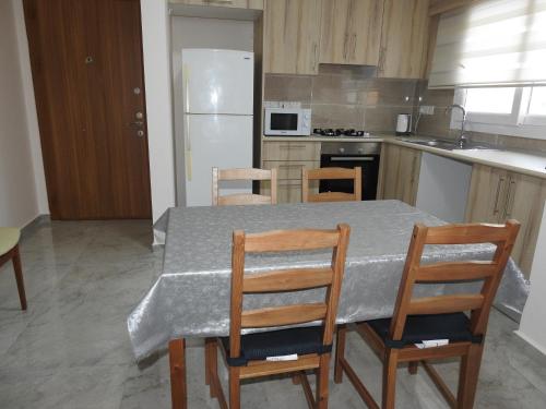 a kitchen with a table with chairs and a refrigerator at Alp Apartment in Mağusa