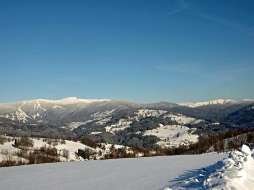 a view of a snowy mountain with mountains in the background at Chalupa Ivana Bozkov in Bozkov