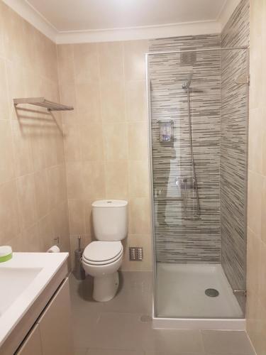 a bathroom with a toilet and a glass shower at Beach and Mountain Paradise in Vila Praia de Âncora
